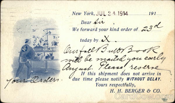H.H, Berger & Co. Order Reply Card New York