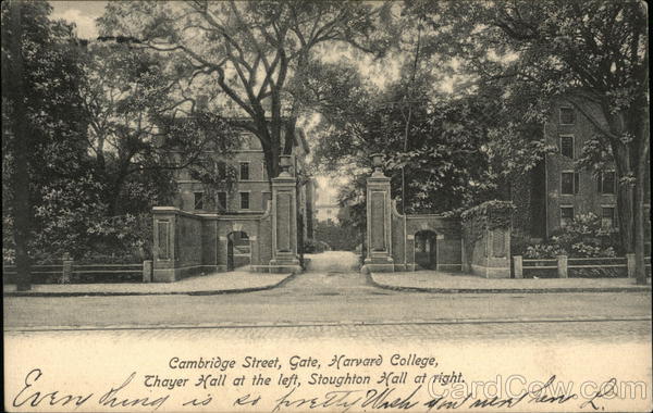 Cambridge Street, Gate, Harvard College, Thayer Hall at the left, Stoughton Hall at right Massachusetts