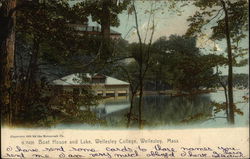 Boat House and Lake, Wellesley College Postcard