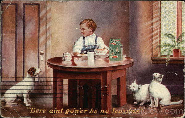 Boy Eating Egg-O-See with Dog and Cats Begging Advertising