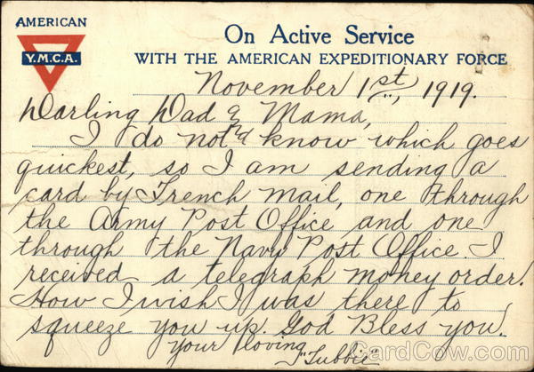 American YMCA Card for Active Service Letters World War I