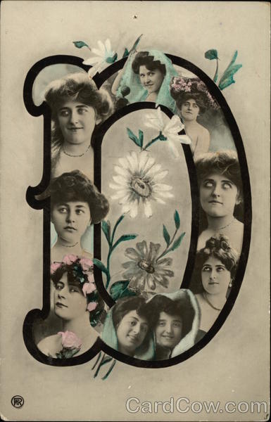 Letter D with Faces of Women and Flowers Alphabet Letters