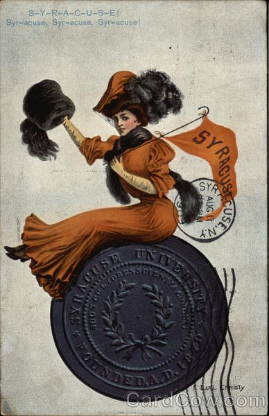 Syracuse University Woman with Flag on Emblem F. Earl Christy