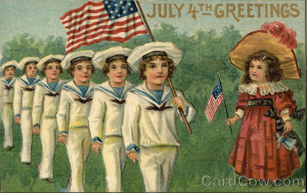 July 4th Greetings with Sailor Boys, Girl, and American F lags