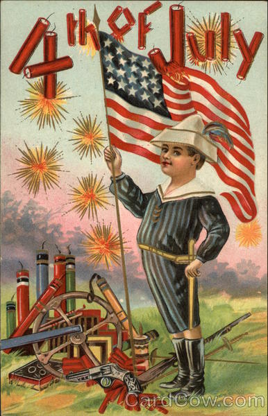 4th of July with Fireworks and Boy holding American Flag