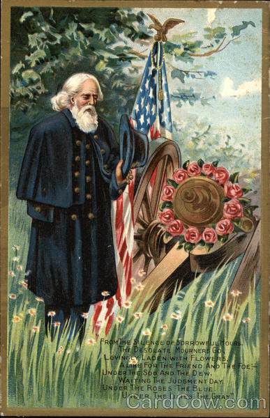 Civil War Veteran Stands Solemnly By U.S. Flag and Cannon Adorned with Flowers