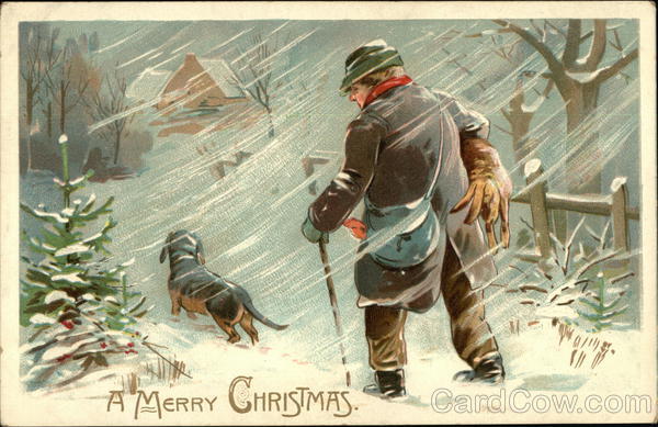 Hunter with Dog in Snow Christmas