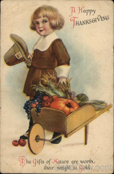 Young Pilgrim with Harvest Wheelbarrow Ellen Clapsaddle