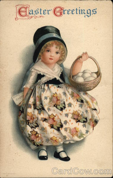 Easter Greetings with Young Girl Holding Egg Basket