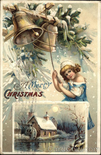 A Merry Christmas - Young Girl in Blue Ringing Bells