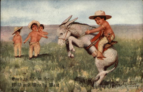Four small boys dressed as cowboys, one of them riding a donkey