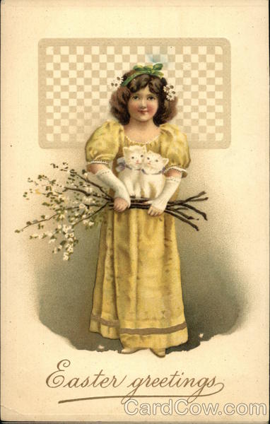 Easter Greetings with Girl in Yellow holding two Kittens