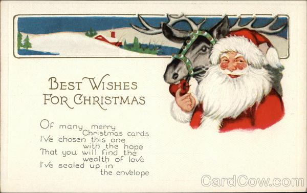 Best Wishes For Christmas - Santa Feeding an Apple to a Reindeer