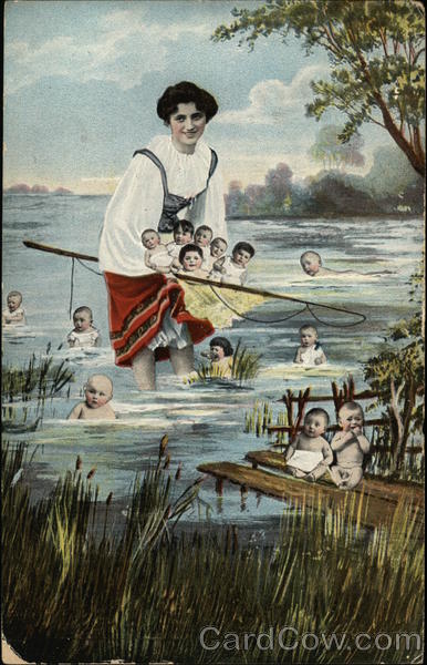 Woman in Water Surrounded by Babies Multiple Babies