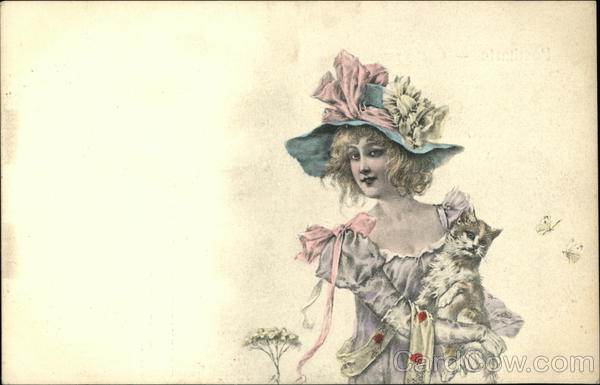 Illustration of Woman in a Hat with a Cat Women