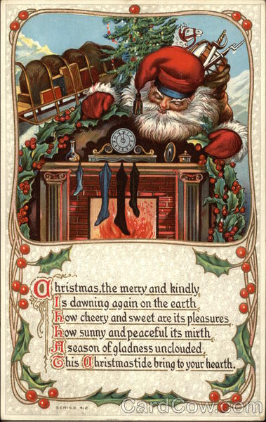 Santa Claus and his sleigh with a hearth and stockings