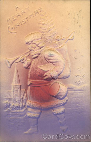 Embossed Santa Playing a Horn Santa Claus