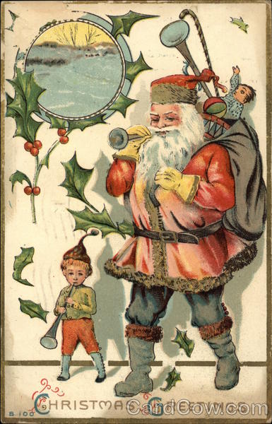 Christmas Greetings with Santa and Bag of Toys Santa Claus