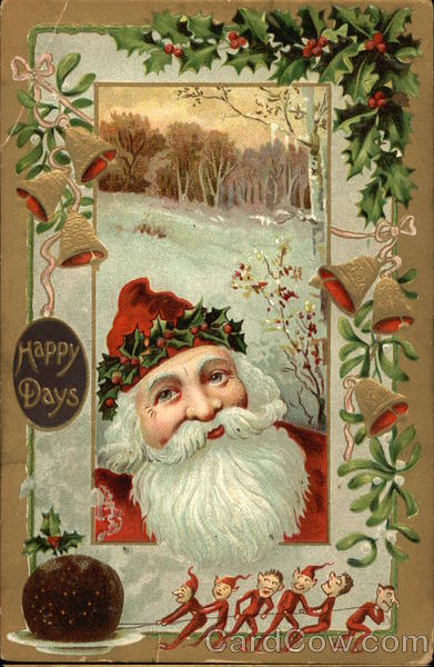 Santa in a Frame of Mistletoe, Bells, and Elves Santa Claus