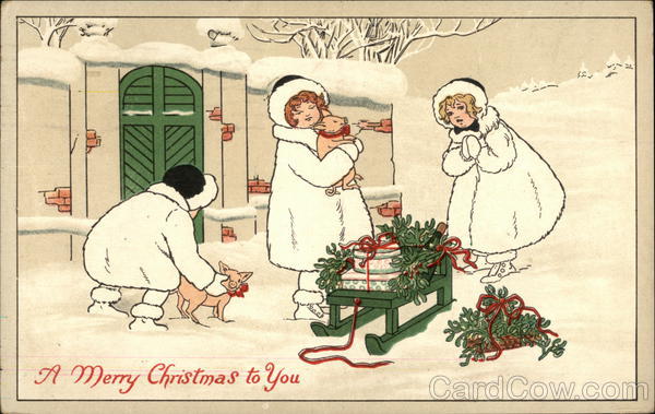 A Merry Christmas to You - With Girls, Piglets, and Sled in the snow