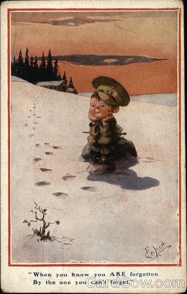 Illustration of Child Soldier Sitting and Waiting in the Snow