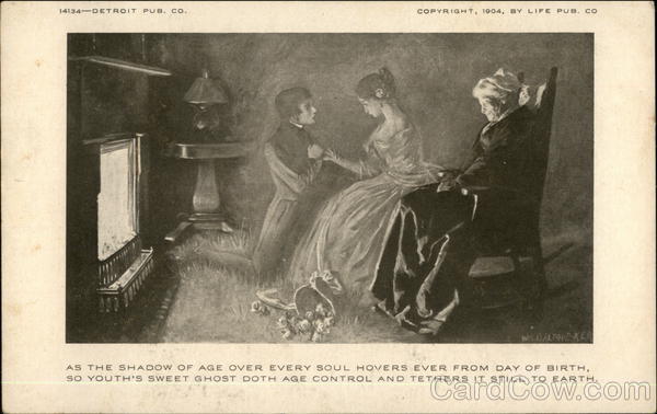 Elderly Woman Visualizing Her Younger Self with Suitor Kneeling Before Her