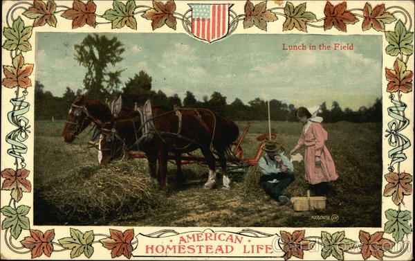 Farmer and Horses Eating Lunch in the Field Farming