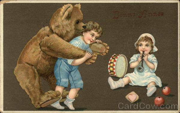 Bonne Annee - Boy Carrying Stuffed Bear on Back and Girl Blowing Horn