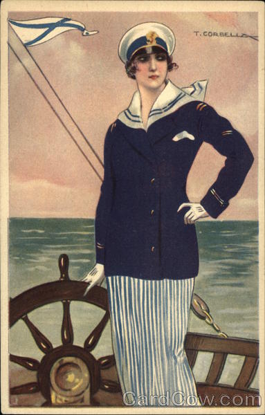 Lady in sailor suit on a boat T. Corbella Sailboats