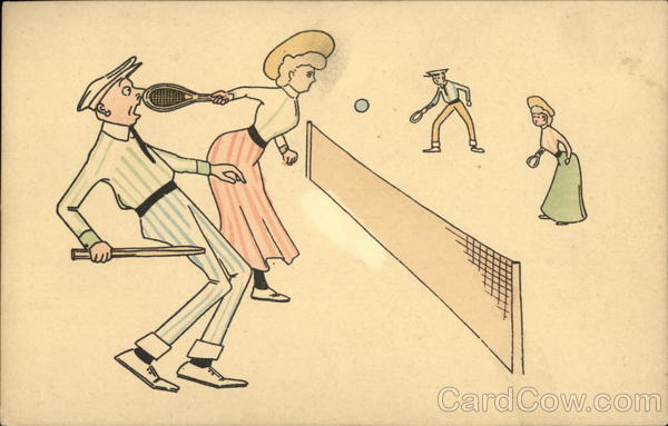 Tennis Doubles Match with Woman Hitting Man in the Nose with a Racquet