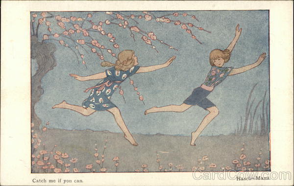 Illustration - Two Girls Chasing Outdoors H. Willebeek Le Mair