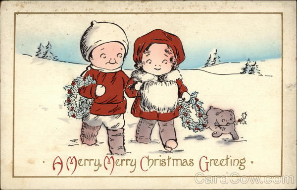 Children Walking Through Snow Carrying Wreathes