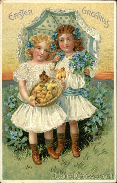 Easter Greetings - Two Girls in White Holding Flowers and Chicks