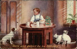 Boy Eating Egg-O-See with Dog and Cats Begging Postcard