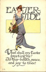 Woman in Fashionable Dress Carrying Flowers Postcard