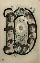 Letter D with Faces of Women and Flowers Postcard