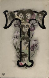 Letter T with Women's Faces Postcard