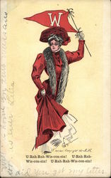 Woman in Red with Flag - University of Wisconsin Postcard