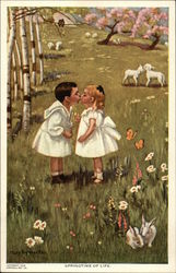 Children Kissing in Field, Lambs Postcard Postcard Postcard