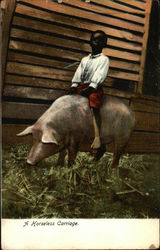 A Horseless Carriage - Black Boy riding Pig Postcard