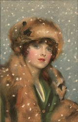 Woman Wearing Furs, Snow Falling Artist Signed Postcard Postcard Postcard