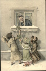 Older Man Receiving Flowers from Three Children Outside His Window Postcard