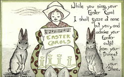 Girl Singing Carol with Rabbits With Bunnies Postcard Postcard Postcard