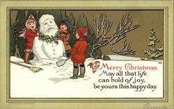A Merry Christmas with Children Building a Santa Snowman Postcard