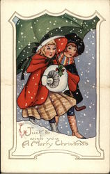 Girls Under Umbrella with Falling Snow Postcard