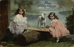 Girls on Homemade See-Saw with Dog Postcard
