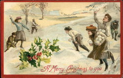 Children Throwing Snowballs, Holly Postcard