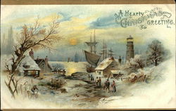 A Hearty Christmas Greeting Winter Town by the Water Trade Card