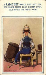 Man Listening to Radio while Rocking Cradle with Foot Postcard Postcard Postcard