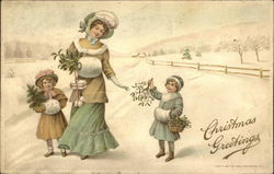 Christmas Greetings - Woman and Two Children Postcard
